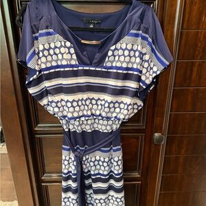 Signature by Sangria Navy & White Dress Gold Accent neckline with split sleeves